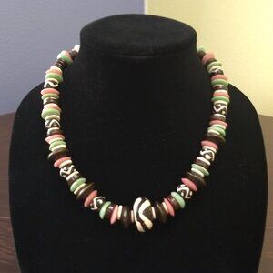 Black Green Pink Statement Beaded Necklace Toggle Hippie Art to Wear Boho